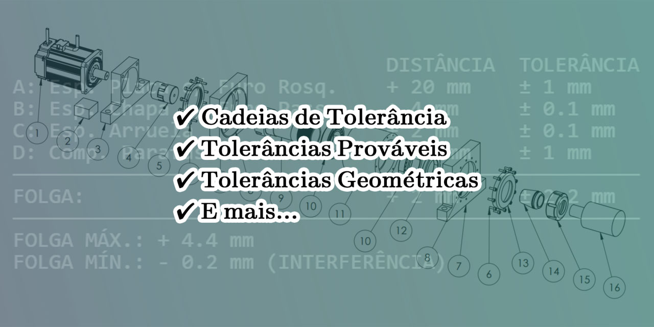 Foto do projeto de um Mini-Torno CNC coberta por uma lista de conceitos de toleranciamento